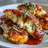 Savory Pesto Chicken Parmesan bubbling with cheese, served alongside pasta and garlic bread for a complete meal.