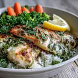 Steamed broccoli and carrots add color to a wholesome bowl of herb-baked tilapia over fluffy rice.