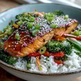 Freshly glazed Teriyaki Salmon Bowl with fluffy rice and crisp, stir-fried vegetables on a white marble table.