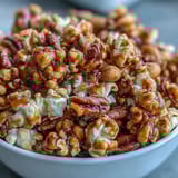 Baseball Season Popcorn Mix with Peanuts and Caramel in a large bowl, drizzled with golden caramel and sprinkled with roasted peanuts for a perfect game day snack.