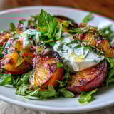 Sweet grilled peaches paired with burrata cheese and fresh greens, finished with honey and basil.  