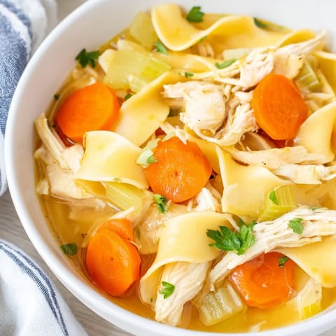 Golden egg noodles swim in a hearty Chicken Noodle Soup, a classic American comfort food meal.