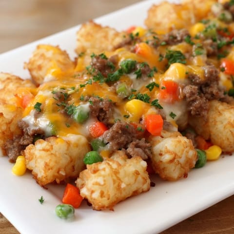 This hearty Tater Tot Casserole features a creamy, cheesy filling beneath crispy tater tots.