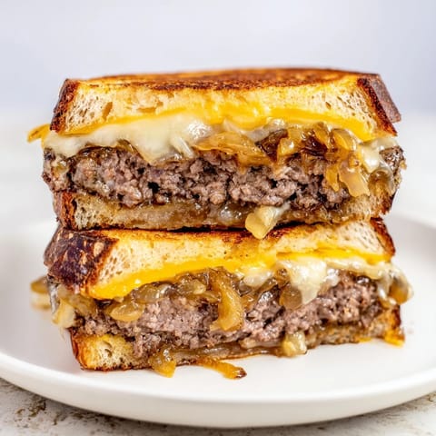 A close-up of a juicy patty melt, showcasing golden cheese and perfectly browned bread.