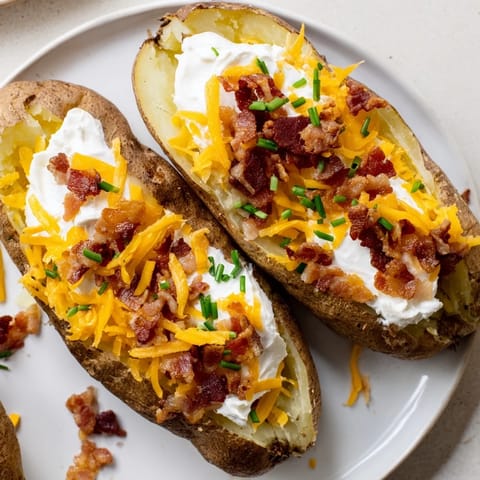 Golden, bubbly Loaded Baked Potato, a hearty side with melted cheese and crispy bacon, ready to savor.