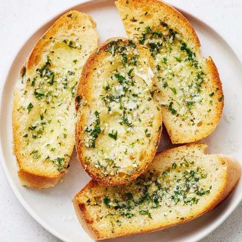 A close-up of freshly baked garlic bread, showcasing the savory, buttery, garlic crust.