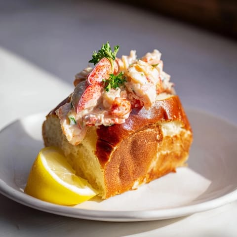 A close-up of a delightful New England Lobster Roll, garnished with fresh parsley.