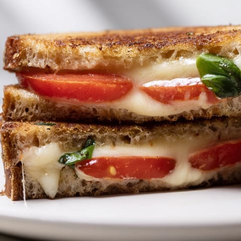 A close-up of the crispy crust of a tomato basil grilled cheese, revealing gooey melted mozzarella and juicy tomato layers with a hint of basil.