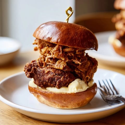 Close-up of a Crispy Onion Chicken Sandwich stacked high with creamy aioli and crispy fried onions on lettuce.  