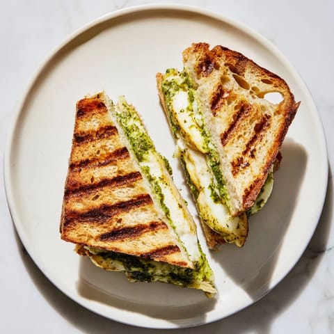 Freshly grilled chicken breast oozing with melted mozzarella and basil pesto in a warm sandwich.