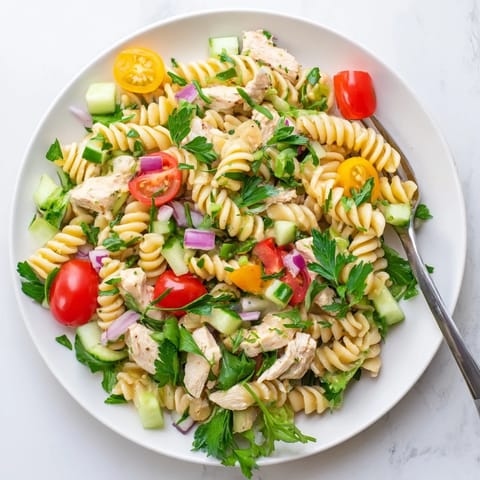 Spoonful of chilled Honey Mustard Chicken Pasta Salad showing red bell pepper, celery, and parsley garnish, ready for a summer picnic or potluck.