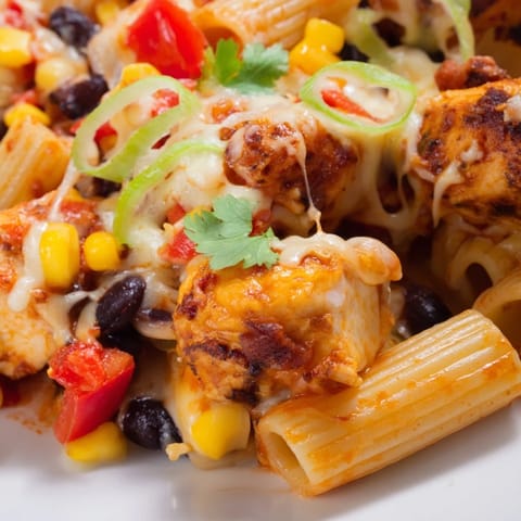 A close-up view of Crispy Chicken Burrito Pasta showing melted cheddar, diced red bell pepper, and a spoon ready to serve.