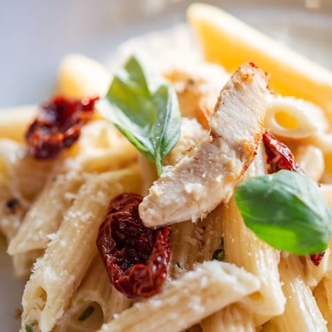 Creamy Sun-Dried Tomato Chicken Pasta features golden chicken strips and vibrant tomatoes tossed with penne in a rich garlic cream sauce.  