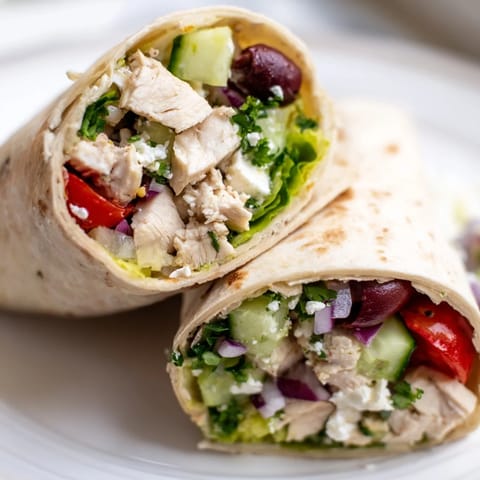 Freshly rolled Greek Lemon Chicken Salad Wrap featuring vibrant tomatoes, cucumbers, olives, and feta on a soft flour tortilla.