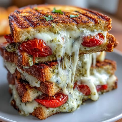Golden Caprese Pesto Grilled Cheese oozing melted mozzarella, a perfect savory lunch.