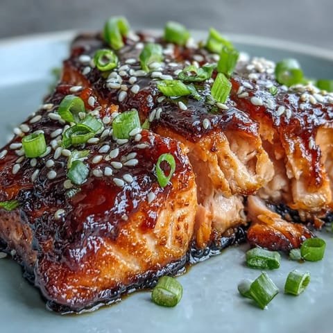 A single serving of Maple Soy Glazed Salmon rests on rice, garnished with green onions and sesame seeds.  