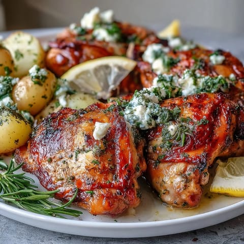 A close-up of Mediterranean roasted chicken with lemon herbs, creamy feta, and golden potatoes, ready for a comforting family dinner.