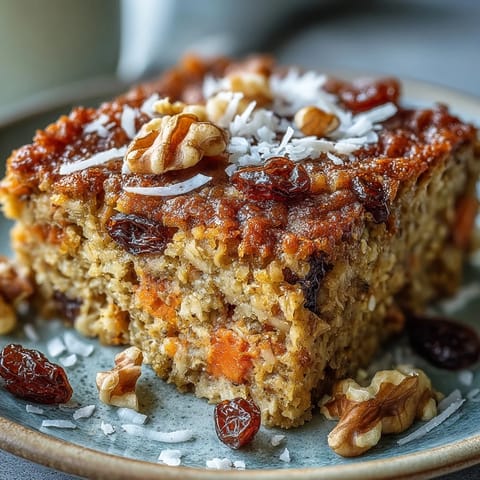 Golden-brown Carrot Cake Baked Oatmeal squares, studded with shredded carrots and walnuts, served warm on a rustic wooden board.