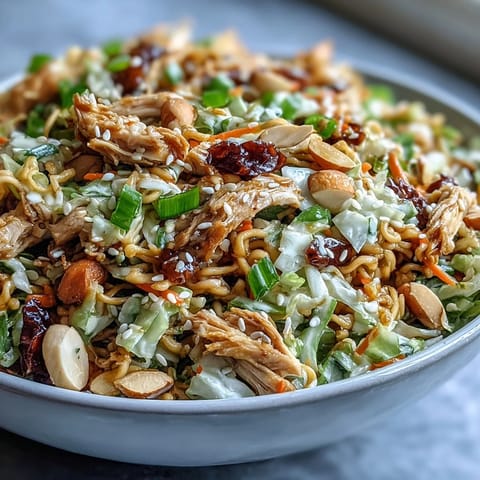 A tempting bowl of Crunchy Ramen Chicken Salad, highlighting colorful ingredients and a creamy sesame dressing.