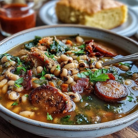 A steaming bowl of Southern-Style Black-Eyed Peas topped with fresh parsley, served alongside sweet cornbread and hot sauce.  