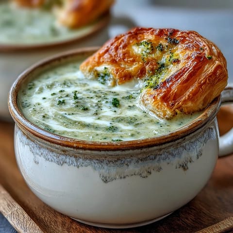 Creamy broccoli and butternut squash soup garnished with a golden, flaky cheese pastry, served steaming hot in a rustic bowl.