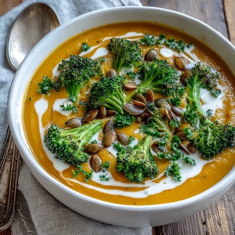 A bowl of creamy Roasted Broccoli and Butternut Squash Soup topped with fresh parsley.