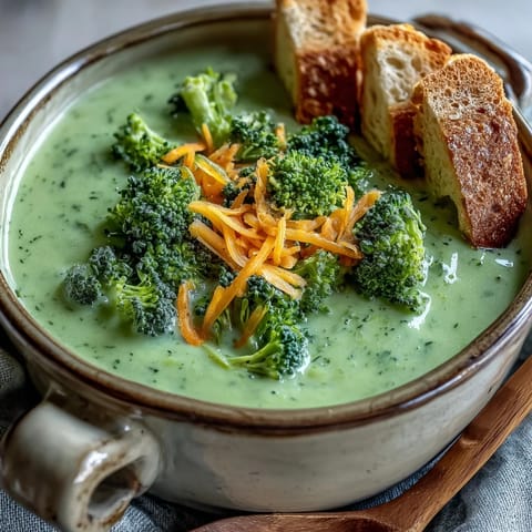 A spoonful of rich Broccoli Cheddar Soup revealing tender broccoli florets and melted cheddar in a cozy kitchen.