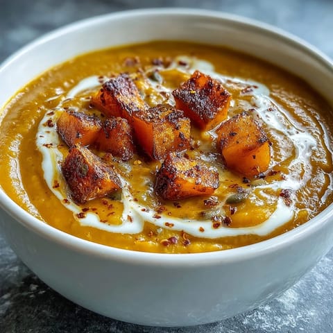 A velvety orange bowl of butternut squash and lentil soup with warm spices, served alongside crusty bread for dipping.