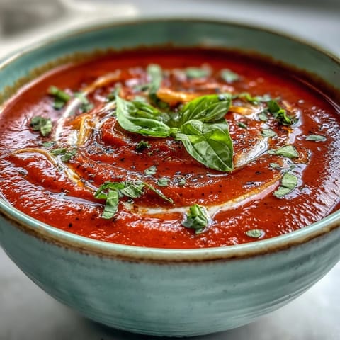 Silky, golden-orange roasted tomato basil soup in a rustic bowl with crunchy croutons on the side.