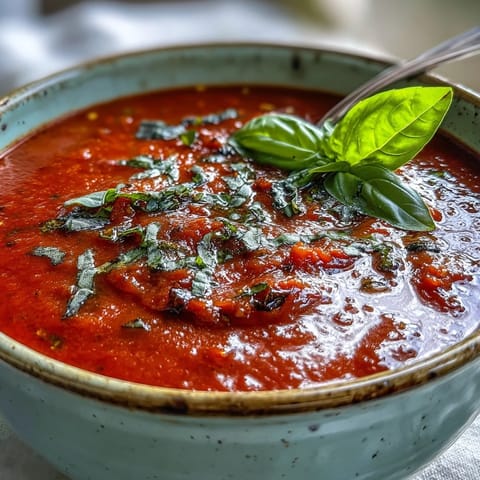 Velvety roasted tomato basil soup served hot, garnished with fresh basil and a swirl of cream.
