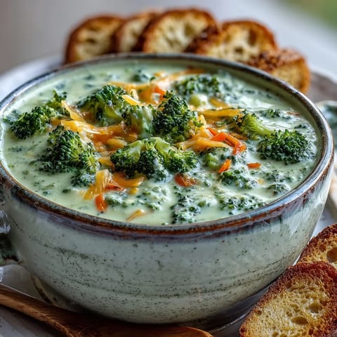Creamy Broccoli Cheddar Soup garnished with extra cheddar, served in a rustic bowl with crusty bread.