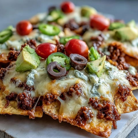 Golden, bubbling Baked Nachos piled high with seasoned ground beef, melted cheddar, and fresh toppings like avocado and jalapeños.