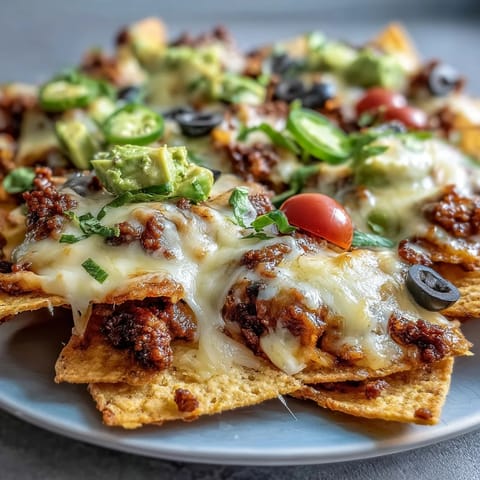 Sizzling freshly baked Baked Nachos on a platter, loaded with beef, cheese, black beans, and a drizzle of cool sour cream.