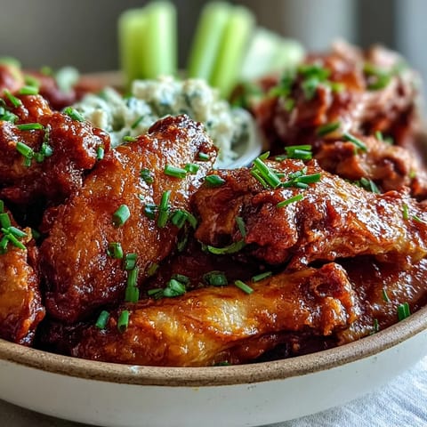 A platter of restaurant-style Fried Chicken Wings tossed in sweet chili and served with celery sticks and ranch.
