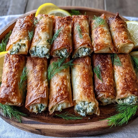 Two crispy Spanakopita Spring Rolls on a white plate, revealing green spinach and white feta filling.