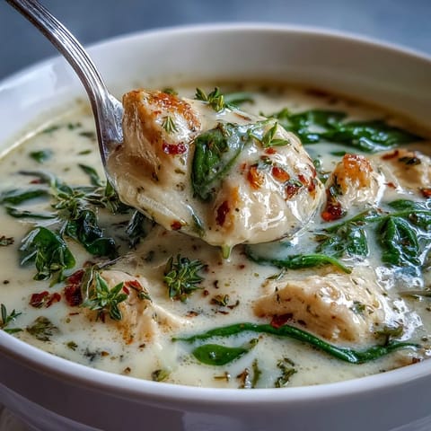 Velvety Garlic Parmesan Chicken Soup with tender chicken pieces and a sprinkle of fresh parsley for a cozy dinner.