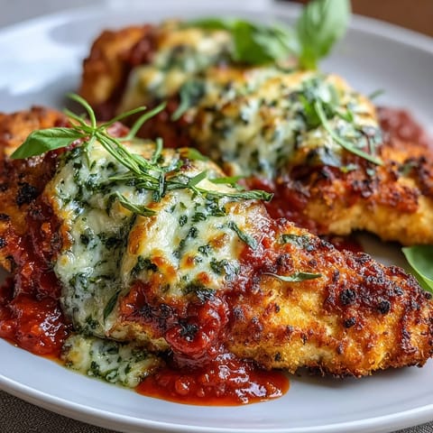 Golden-brown breaded chicken breasts topped with vibrant green pesto, rich marinara, and melted mozzarella and Parmesan.