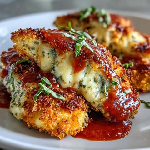 Savory Pesto Chicken Parmesan bubbling with cheese, served alongside pasta and garlic bread for a complete meal.
