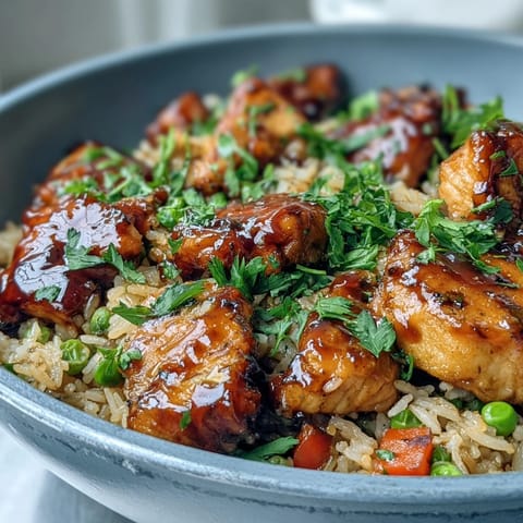 Sizzling One-Pan Bold Honey BBQ Chicken Rice with glazed chicken thighs, fluffy rice, and vibrant bell peppers in a skillet.