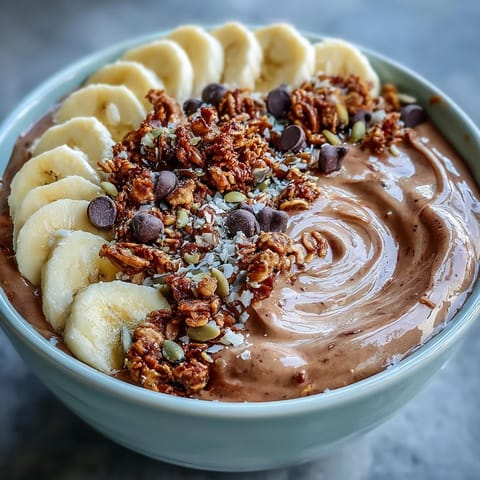 A vibrant breakfast bowl with peanut butter and cocoa, topped with hemp seeds and maple cinnamon granola.
