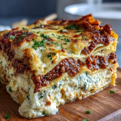 Golden bubbly cheese melts over the Worlds Best Lasagna, revealing rich red sauce and creamy ricotta layers.