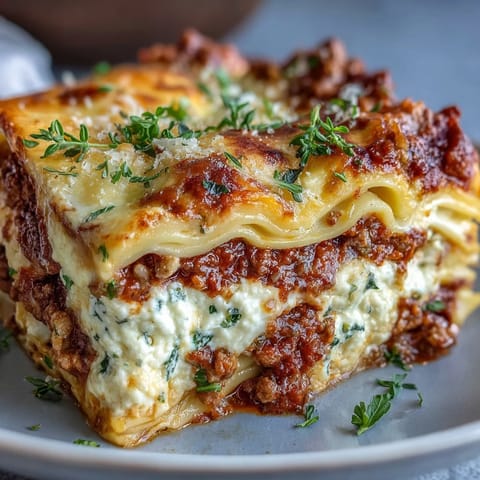 A freshly baked Worlds Best Lasagna showcases golden cheese topping with a rich, hearty meat sauce.