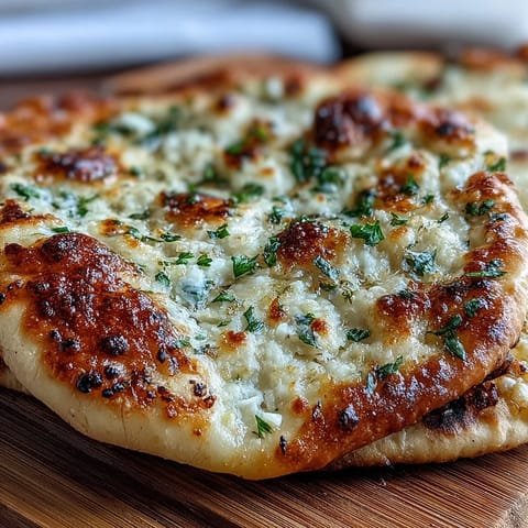 Freshly baked The Best Easy Garlic Naan Bread bubbling in a hot skillet, golden brown with a soft interior.