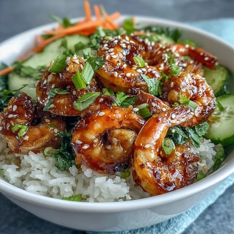 Freshly grilled shrimp over fluffy jasmine rice in this Asian Shrimp Bowl, topped with crisp edamame, cucumber, and carrots drizzled with tangy ginger-sesame dressing.
