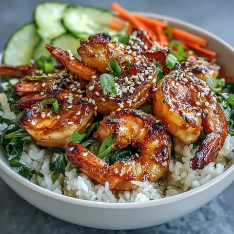 A vibrant Asian Shrimp Bowl featuring juicy grilled shrimp, julienned carrots, and cucumber slices over rice, garnished with scallions and sesame seeds for a quick, healthy dinner.