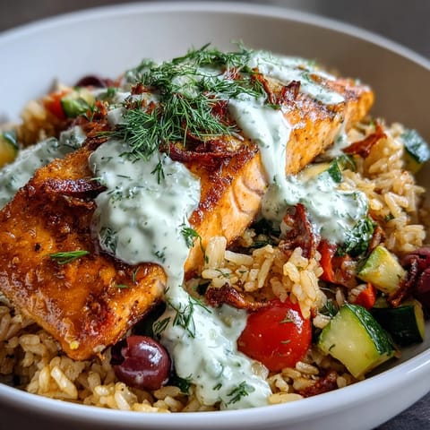 Crispy Rice Salmon Bowl features pan-seared salmon atop golden rice, garnished with fresh dill and lemon wedges.