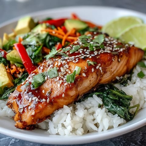 Freshly seared soy ginger salmon fillet with sesame seeds sits atop fluffy jasmine rice and vibrant stir-fried vegetables.