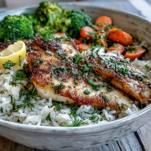 Golden-brown herb-baked tilapia fillets rest on fluffy white rice next to bright green broccoli and orange carrots.