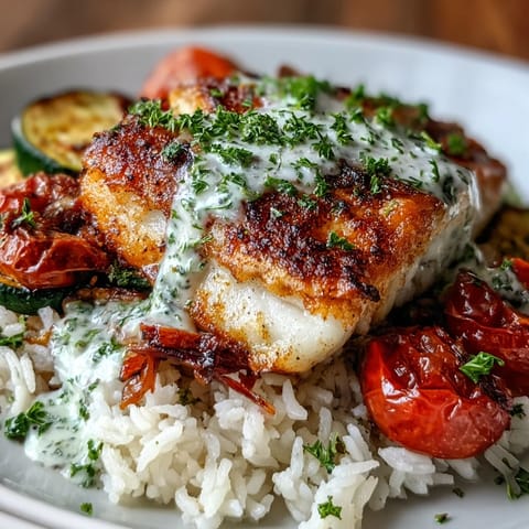 Golden-brown pan-seared fish rests over fluffy jasmine rice and colorful roasted vegetables in a bowl, drizzled with bright lemon sauce.
