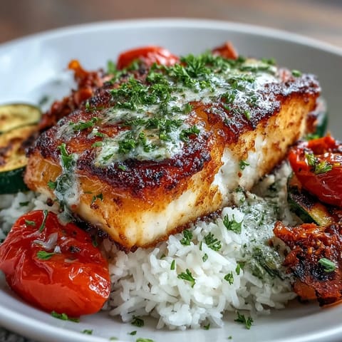 A close-up showcases flaky white fish with crisp edges, juicy cherry tomatoes, and fresh parsley garnish on a wholesome rice bowl.
